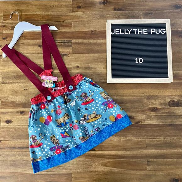 NWT Jelly The Pug Adventure Blue Red Suspender Skirt Dog Balloons Floral 10 - Picture 1 of 7